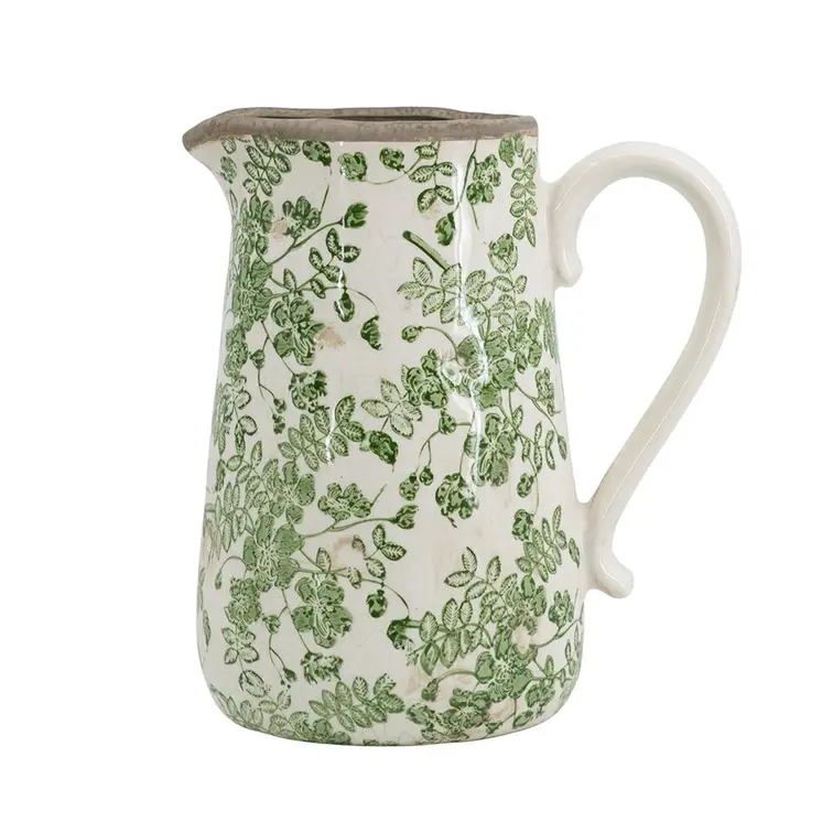 9" Green and White Leaf Round Ceramic Jug Vase With Does Not Apply