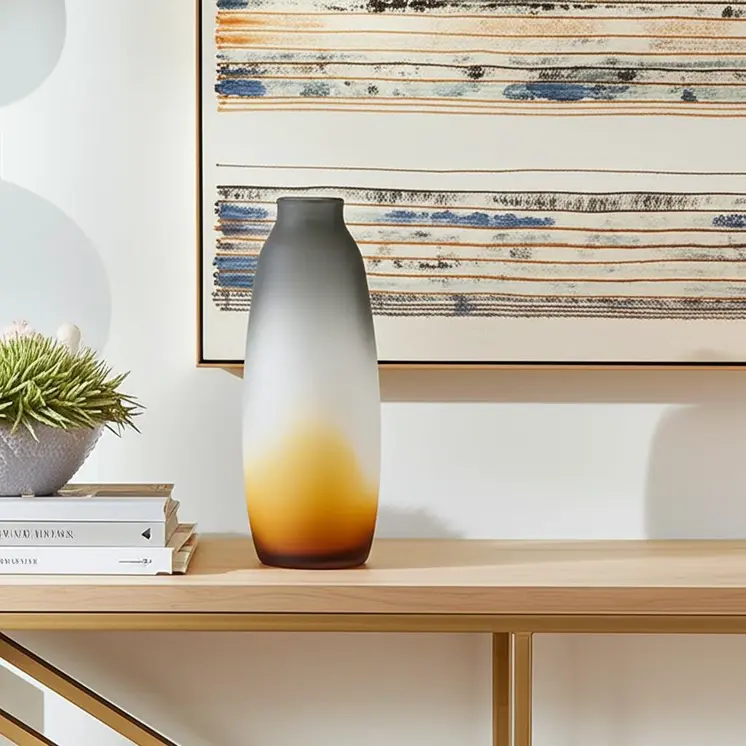 17" Charcoal And Orange Ombre Round Glass Table Vase