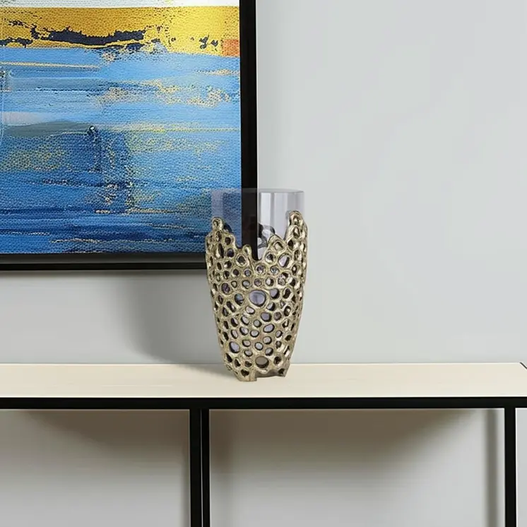 15" Gray And Gold Round Glass Table Vase