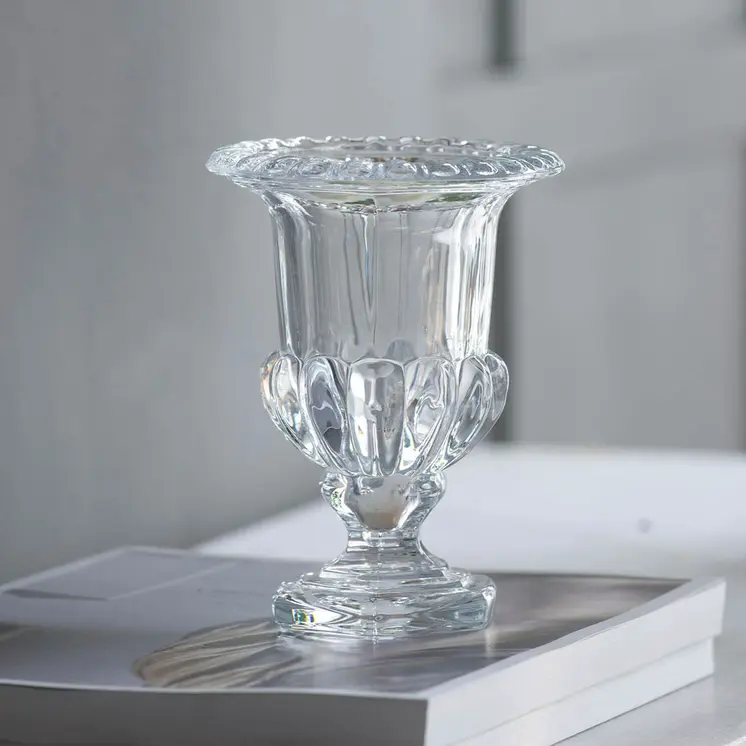 Set of Two Clear Glass Urn Table Vases