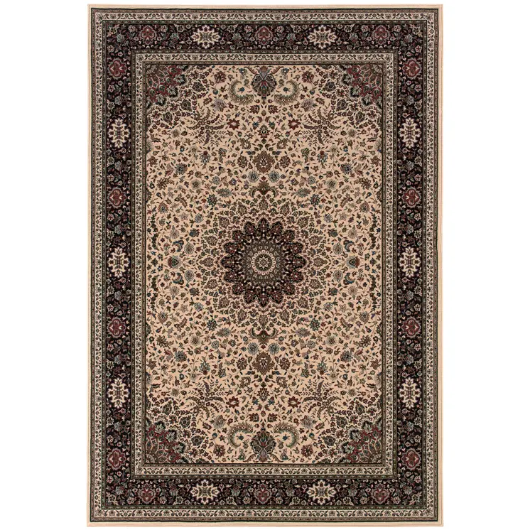 5' X 8' Ivory And Black Oriental Area Rug
