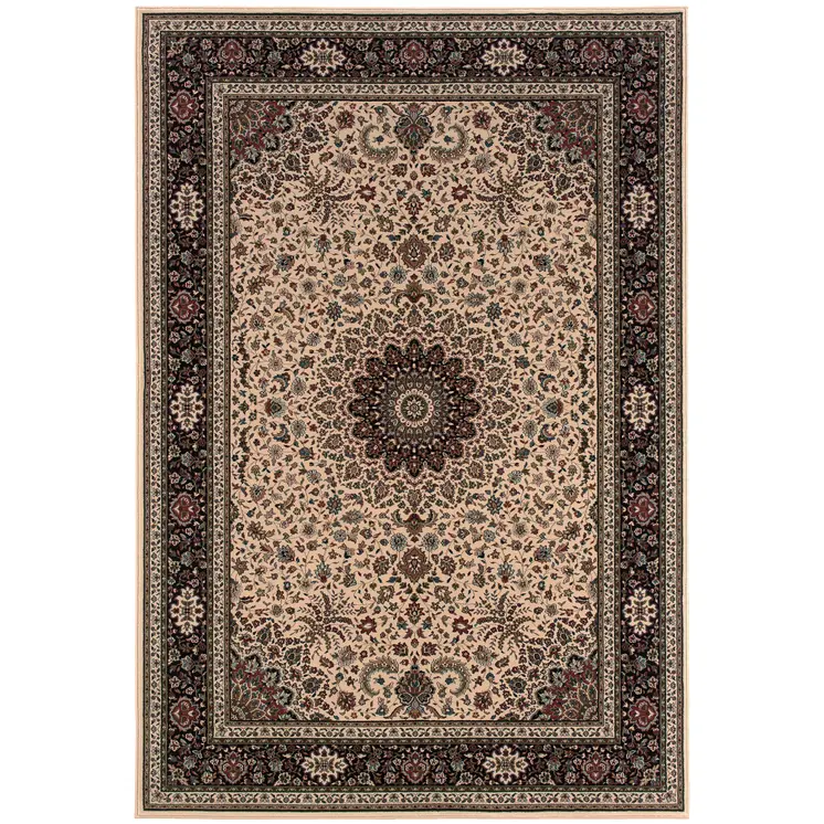 5' X 8' Ivory And Black Oriental Area Rug
