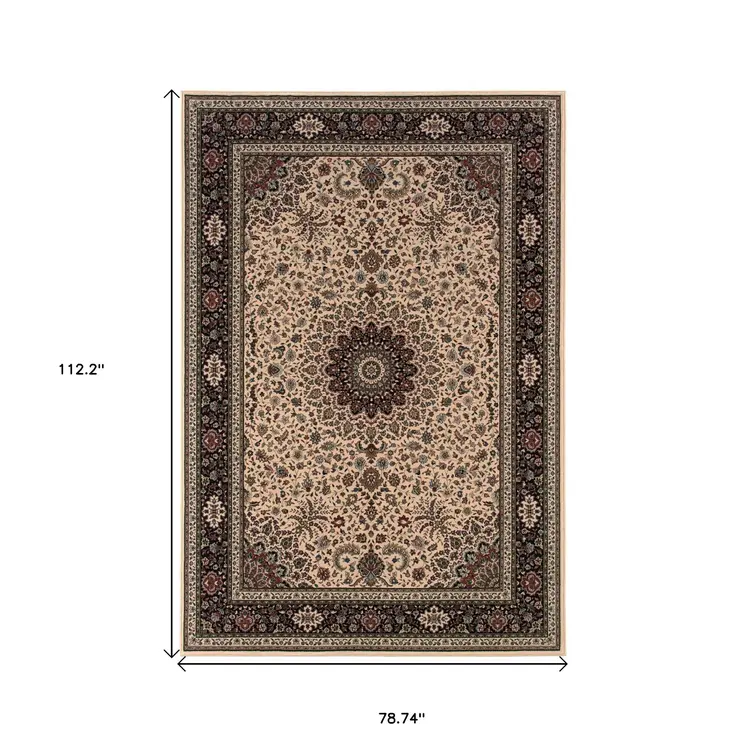 7' X 10' Ivory And Black Oriental Area Rug