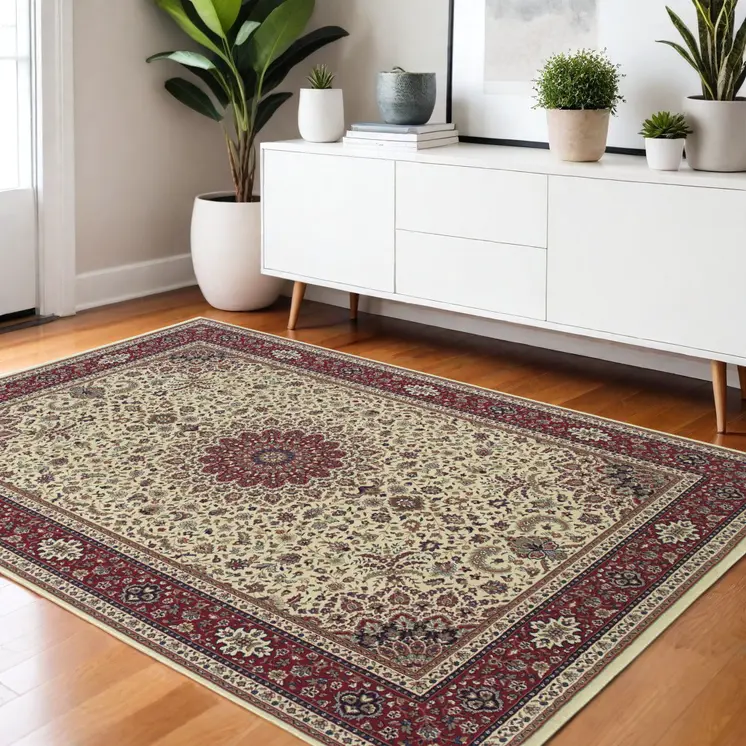4' X 6' Ivory Red and Blue Oriental Area Rug