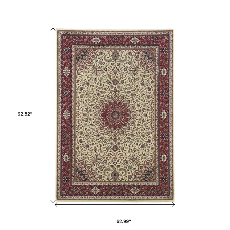 5' X 8' Ivory And Red Oriental Area Rug