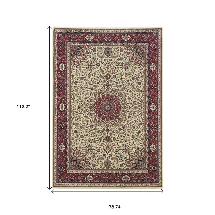 7' X 10' Ivory And Red Oriental Area Rug