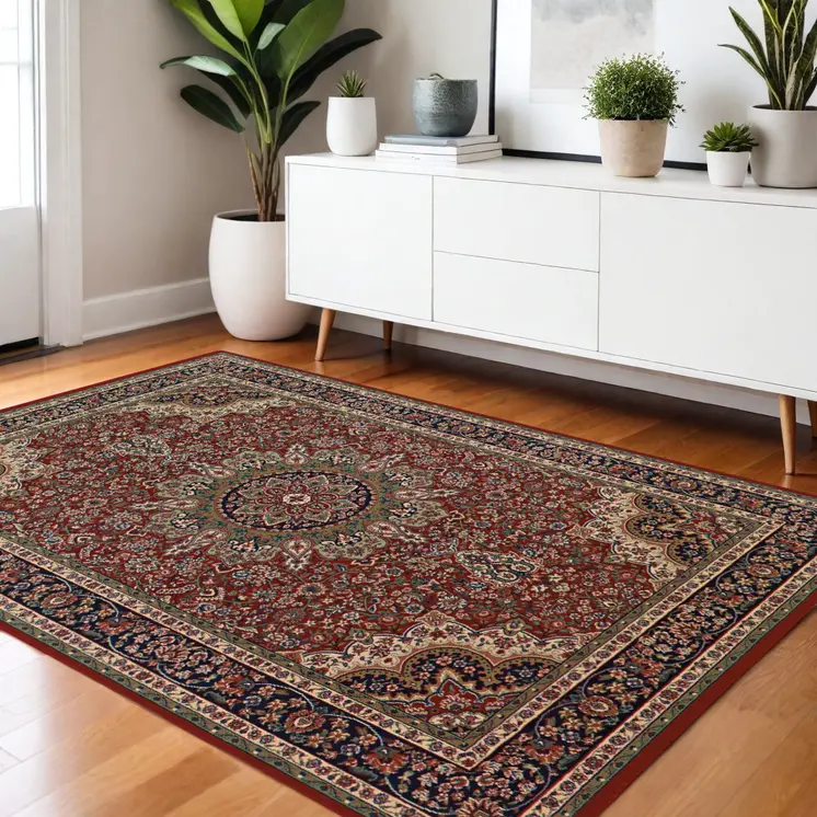 4' X 6' Ivory Red and Blue Oriental Area Rug