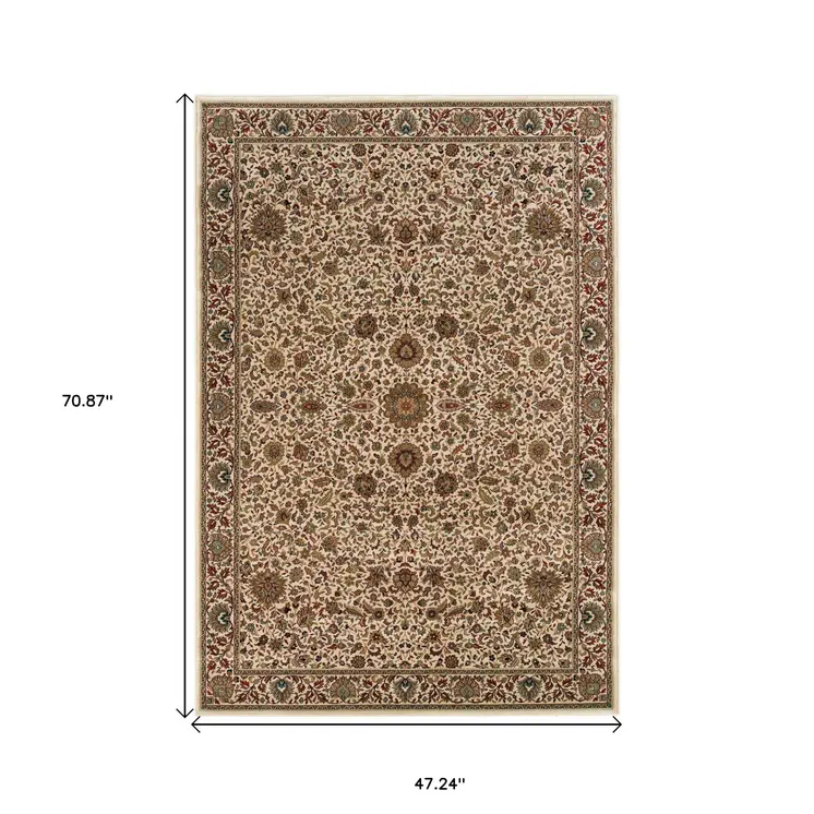 4' X 6' Ivory Green and Red Oriental Area Rug