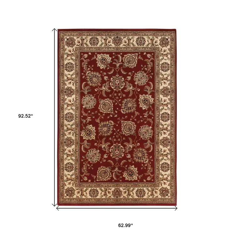 5' X 8' Red And Ivory Oriental Area Rug