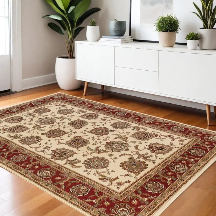 4' X 6' Ivory and Red Oriental Area Rug