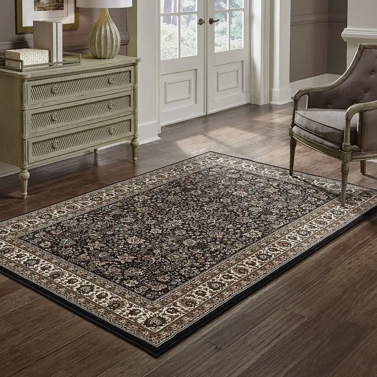 5' X 8' Black And Ivory Oriental Area Rug