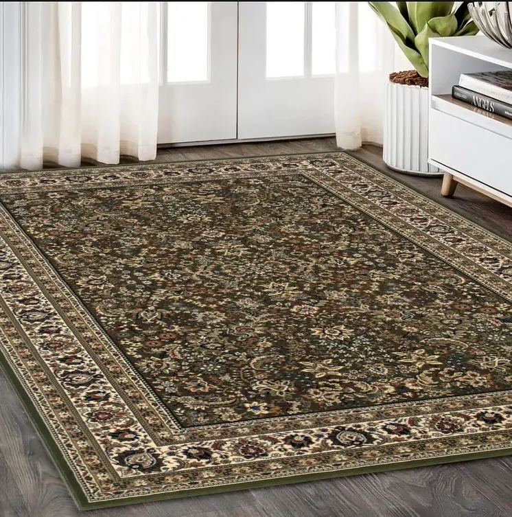 5' X 8' Green And Ivory Oriental Area Rug