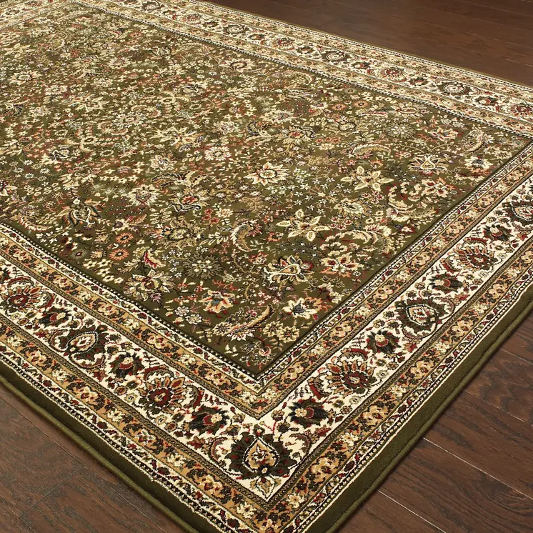 7' X 10' Green And Ivory Oriental Area Rug