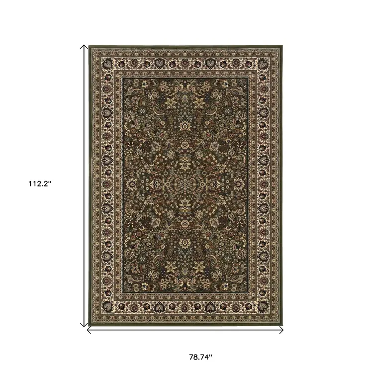 7' X 10' Green And Ivory Oriental Area Rug