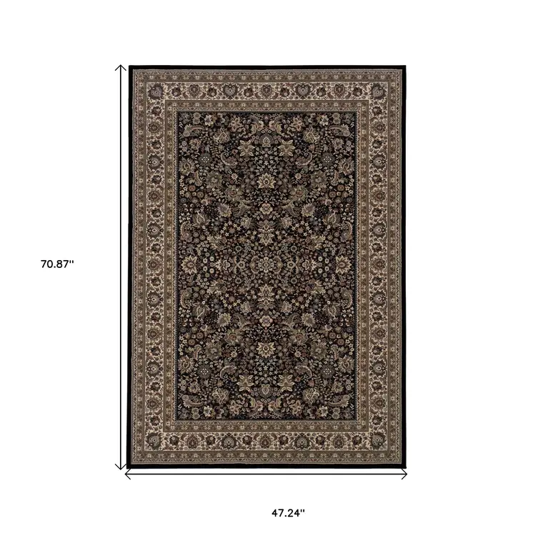4' X 6' Black Dark Green And Ivory Oriental Area Rug