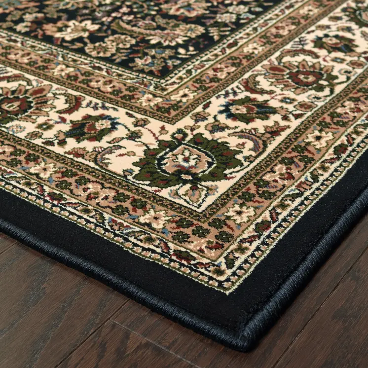 4' X 6' Black Dark Green And Ivory Oriental Area Rug