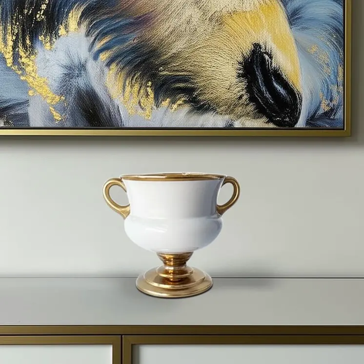 7" White And Gold Amphora Ceramic Urn
