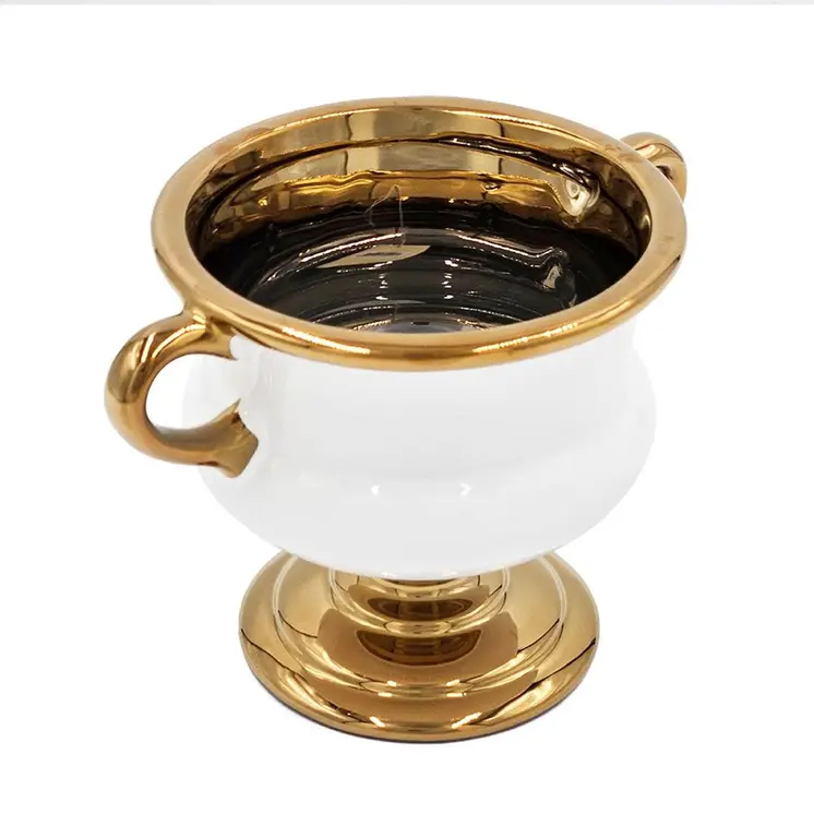 6" White And Gold Amphora Ceramic Table Vase