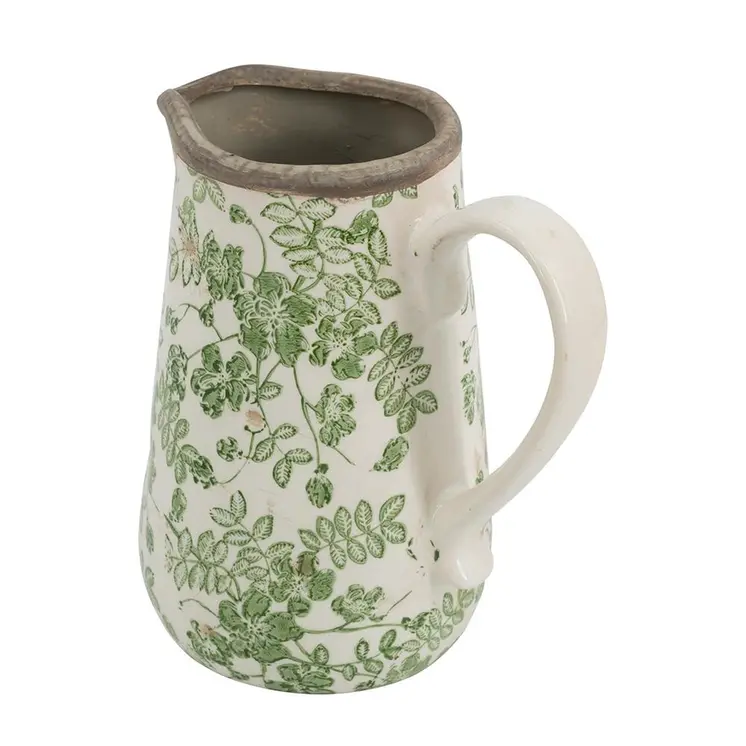 7" Green and White Leaf Round Ceramic Jug Vase With Does Not Apply