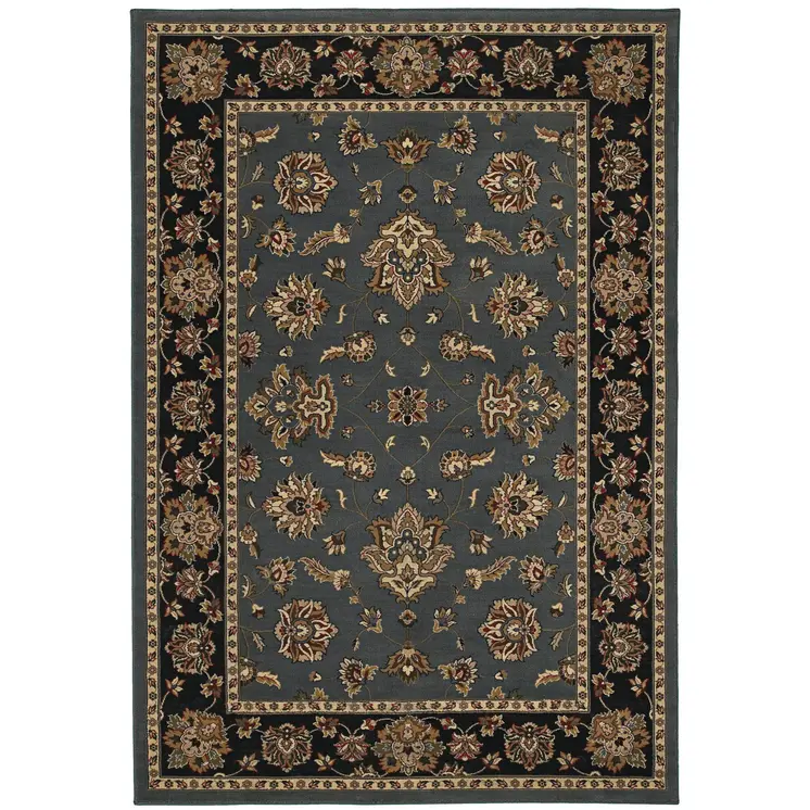4' X 6' Teal Ivory And Black Floral Area Rug