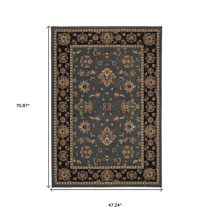 4' X 6' Teal Ivory And Black Floral Area Rug