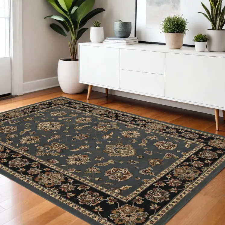 4' X 6' Teal Ivory And Black Floral Area Rug