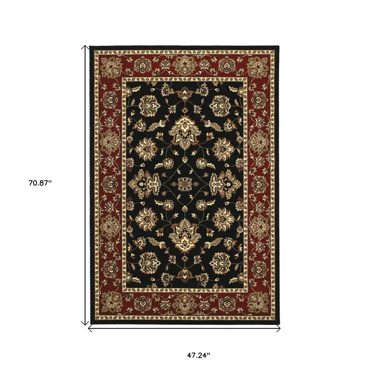 4' X 6' Black Red And Ivory Floral Area Rug