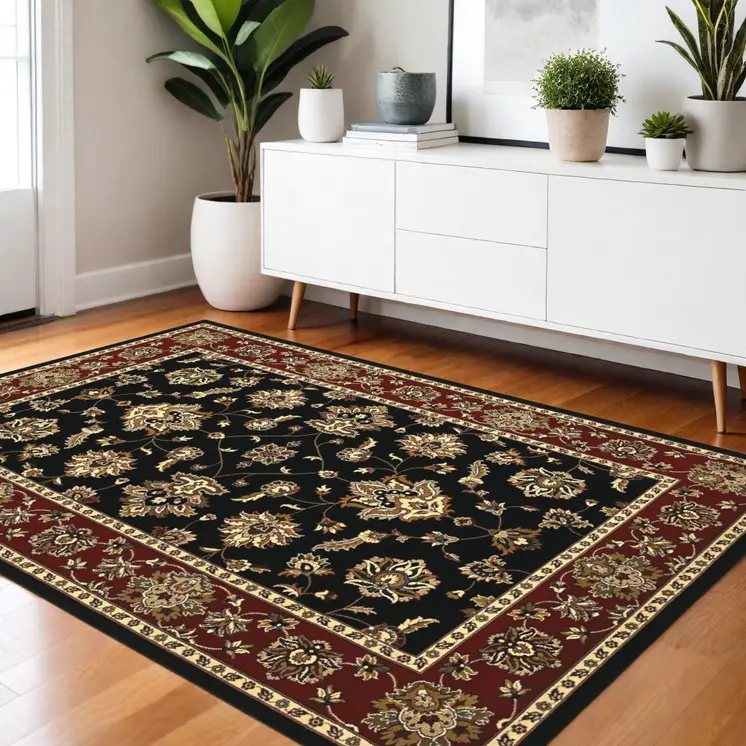4' X 6' Black Red And Ivory Floral Area Rug