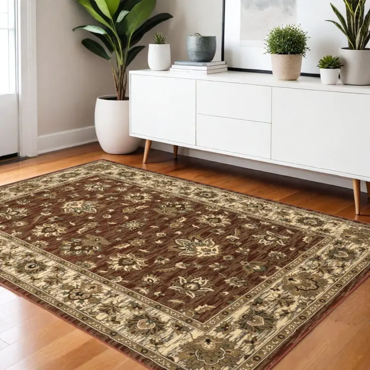 4' X 6' Tan Red And Ivory Floral Area Rug