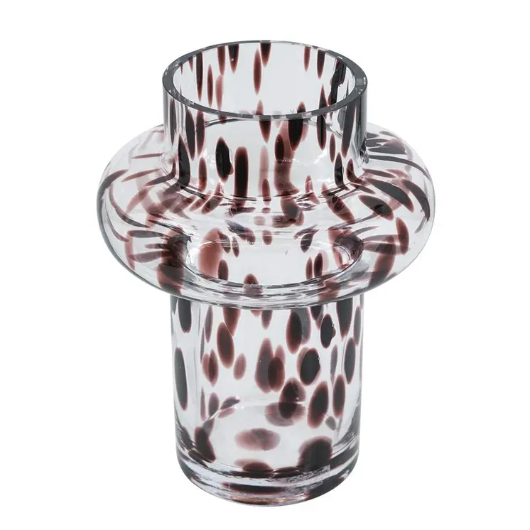 8" Clear Burgundy And Black Abstract Cylinder Glass Table Vase