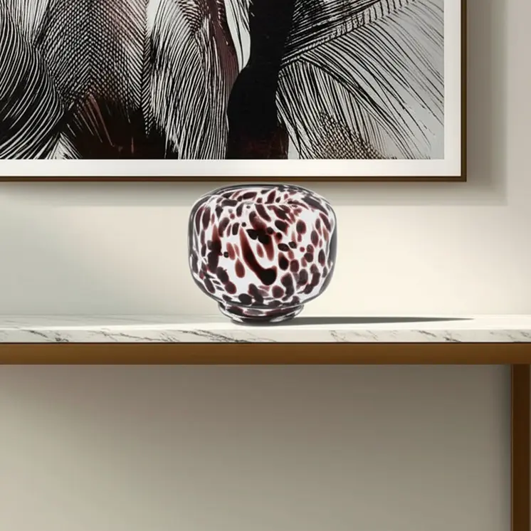 6" Clear Burgundy And Black Abstract Round Glass Table Vase
