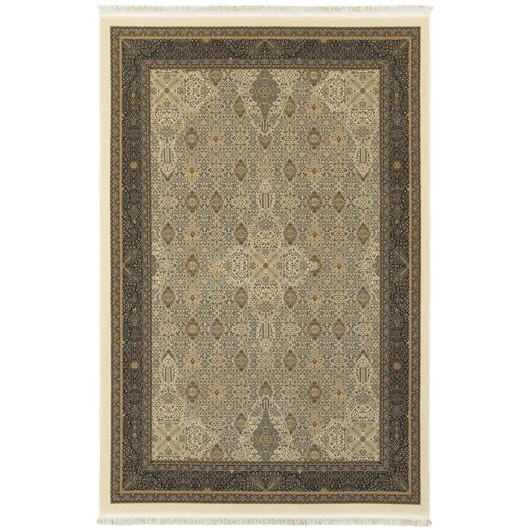 4' X 5' Ivory And Dark Blue Medallion Area Rug With Fringe