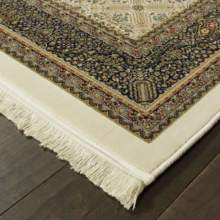 4' X 5' Ivory And Dark Blue Medallion Area Rug With Fringe