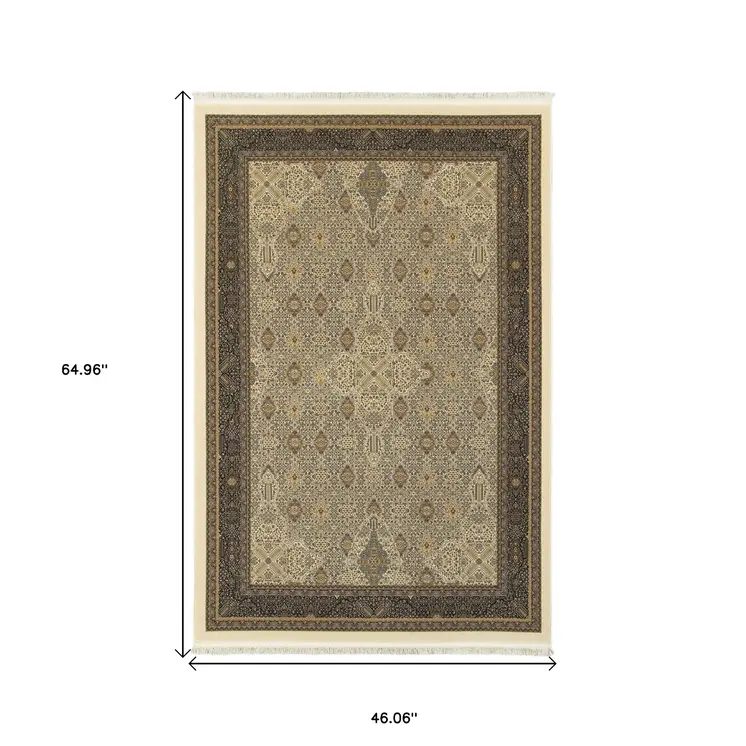4' X 5' Ivory And Dark Blue Medallion Area Rug With Fringe