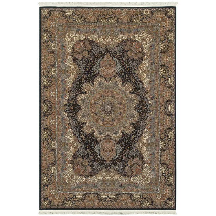 4' X 5' Dark Blue Black And Teal Medallion Area Rug With Fringe