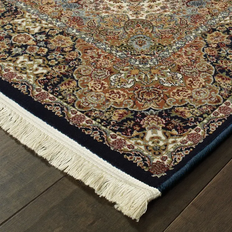 4' X 5' Dark Blue Black And Teal Medallion Area Rug With Fringe