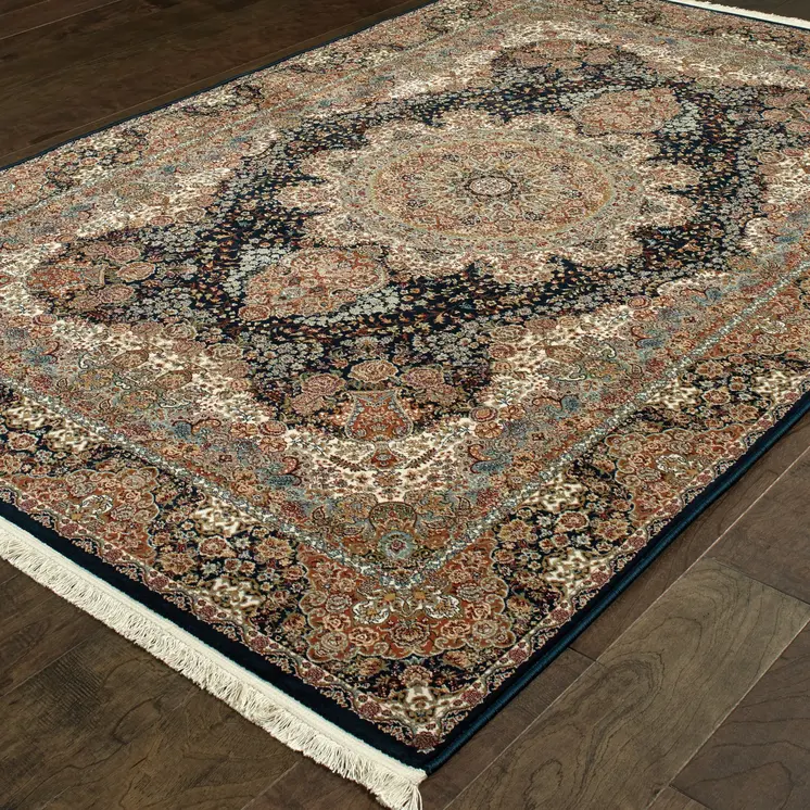 4' X 5' Dark Blue Black And Teal Medallion Area Rug With Fringe