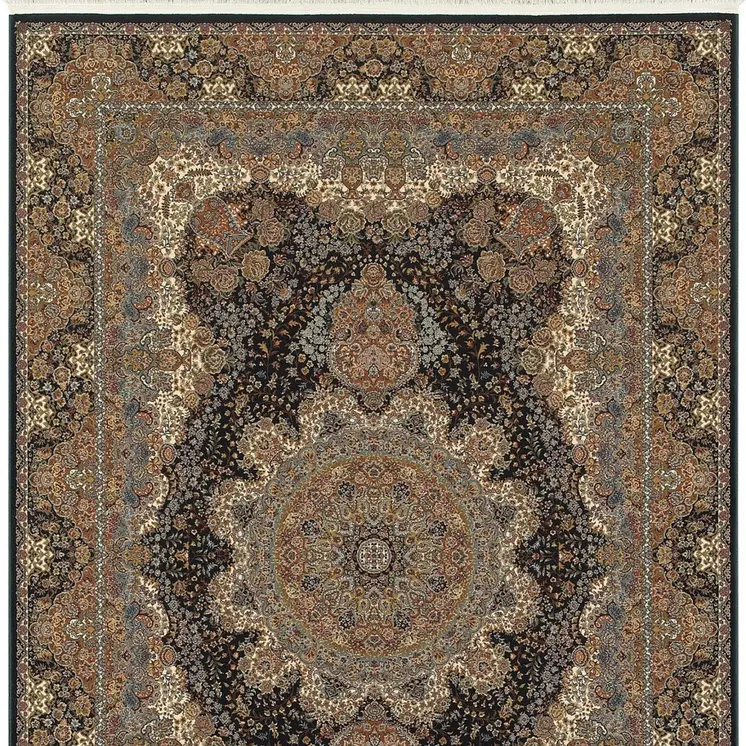 4' X 5' Dark Blue Black And Teal Medallion Area Rug With Fringe