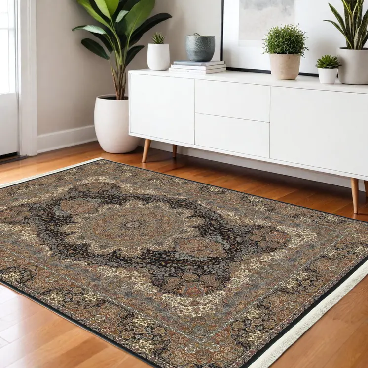 4' X 5' Dark Blue Black And Teal Medallion Area Rug With Fringe