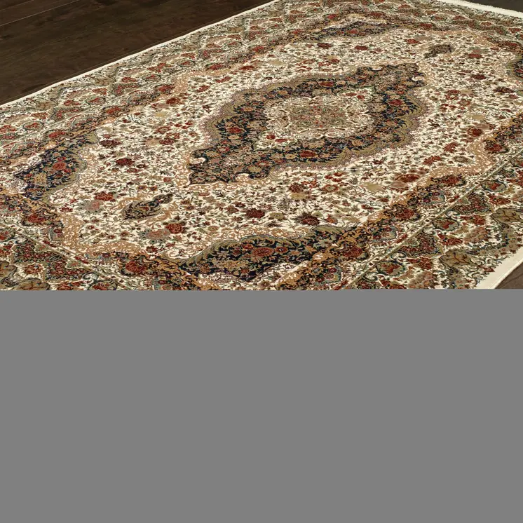4' X 5' Ivory Black And Brown Medallion Area Rug With Fringe