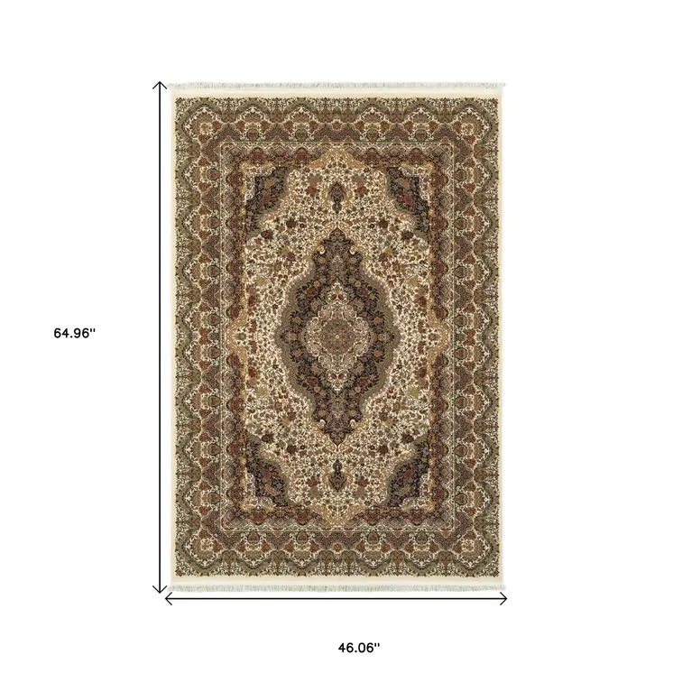 4' X 5' Ivory Black And Brown Medallion Area Rug With Fringe