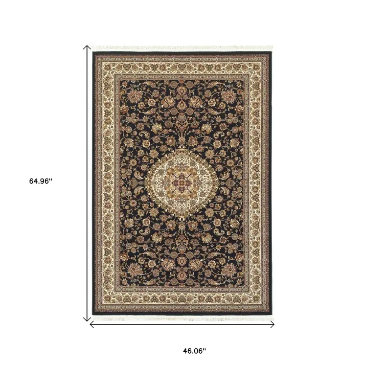 4' X 5' Tan Black And Ivory Medallion Area Rug With Fringe