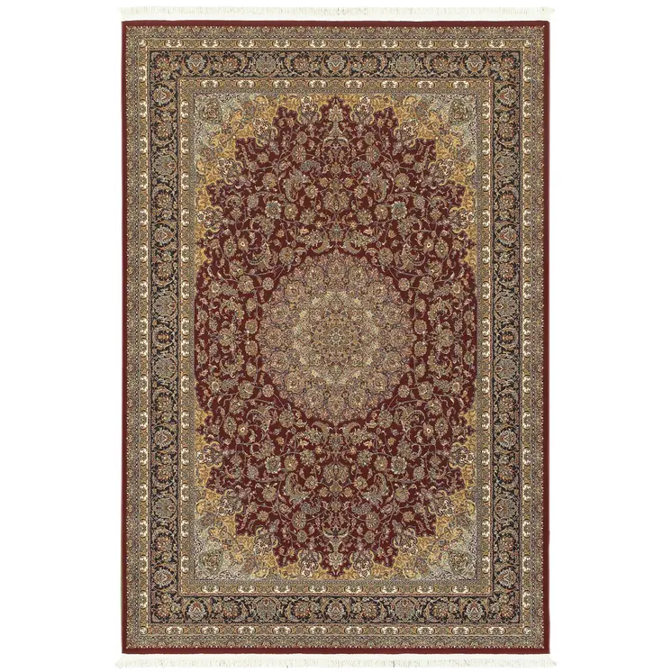 4' X 5' Ivory Red And Orange Medallion Area Rug With Fringe