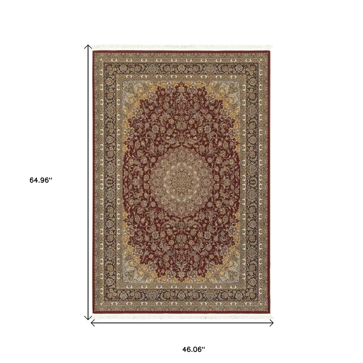 4' X 5' Ivory Red And Orange Medallion Area Rug With Fringe