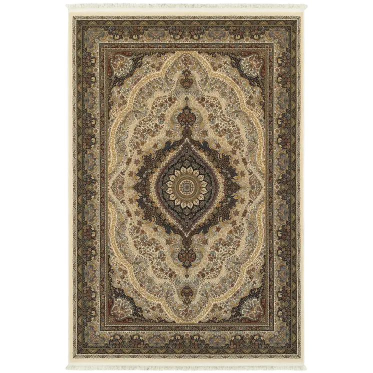 4' X 5' Ivory Black And Tan Medallion Area Rug With Fringe