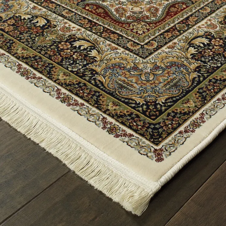 4' X 5' Ivory Black And Tan Medallion Area Rug With Fringe