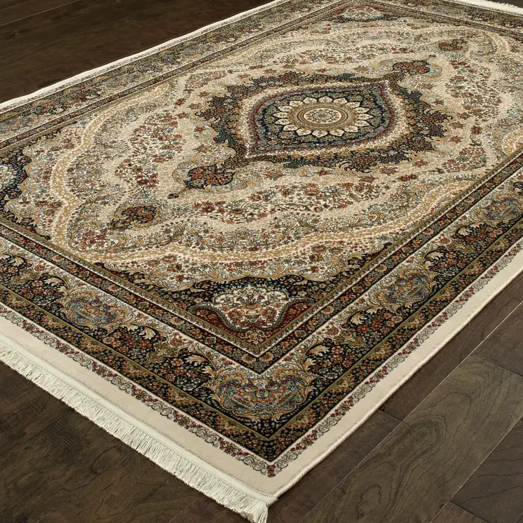 4' X 5' Ivory Black And Tan Medallion Area Rug With Fringe
