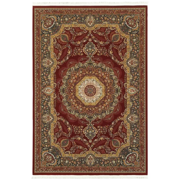 4' X 5' Black Red And Tan Medallion Area Rug With Fringe