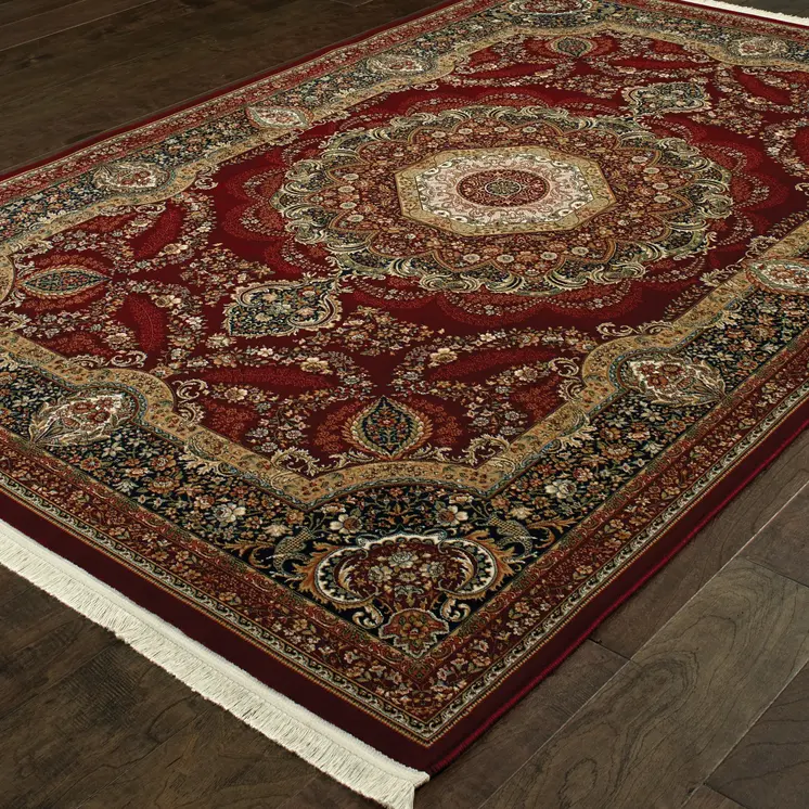 4' X 5' Black Red And Tan Medallion Area Rug With Fringe