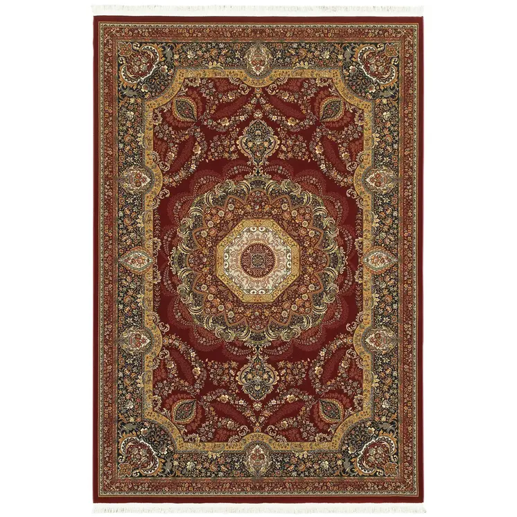 4' X 5' Black Red And Tan Medallion Area Rug With Fringe